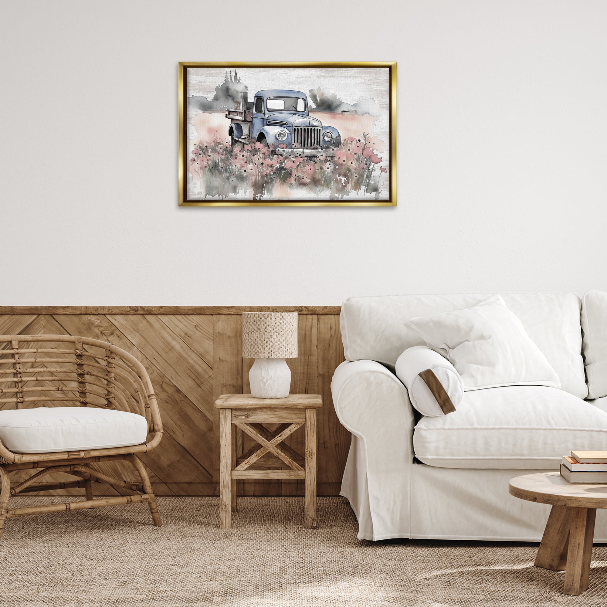 Stupell Industries Pickup in Floral Meadow Transportation Painting Gold Floater Framed Canvas Art Print Wall Art, 31 x 21
