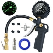 Tire Inflator with Pressure Gauge 100 PSI, Large 2.5" Glow Dial, Rubber Hose and Quick Connect Coupler, Compressor Accessories for Car, RV, Truck, Motorcycle