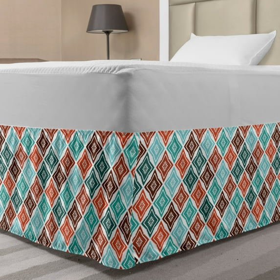 Grunge Bed Skirt, Hand Drawn Style Mosaic Weathered Motifs Bohemian Shapes in Pastel Retro Colors, Elastic Bedskirt Dust Ruffle Wrap Around for Bedding Decor, 4 Sizes, Multicolor, by Ambesonne