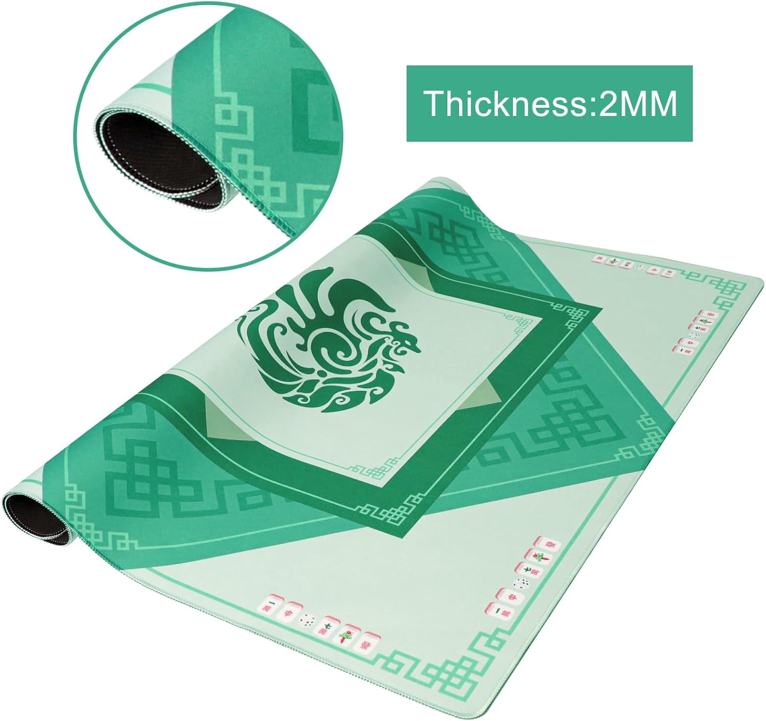 Mahjong Mat with 3 Dice, Noise Reduction Rubber Table Cover for Mahjong, Poker, Card, Board & Tile Games (Green, 31.5 inches)