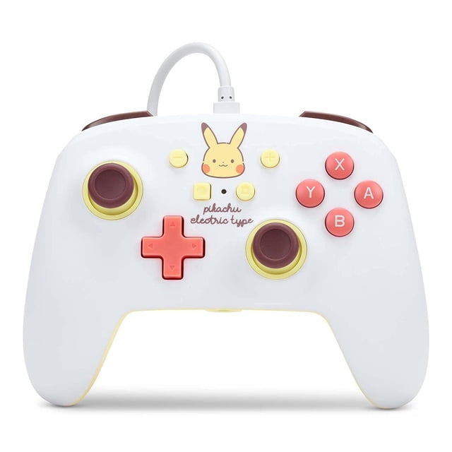 control alambrico pikachu electric type powera blanco nintendo switch nuevo — vista frontal centrada de un control blanco con cable USB, palancas analógicas marrón con anillos amarillos, cruceta y botones coral A/B/X/Y, ilustración de Pikachu y texto "pikachu electric type" en el centro; conector de audio, dos botones asignables y cable USB de 9,8 ft (3 m); también apto como mando adicional para juegos cooperativos durante viajes.