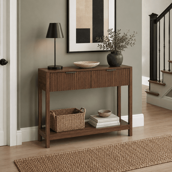Mid-Century Modern 2 Drawers and Open Shelf Wood Console Table, Walnut
