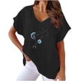 thumbnail image 1 of Camiseta de Manga Corta con Cuello en V con Impresión de Girasol, Algodón Casual Y Top de Cáñamo, 1 of 6