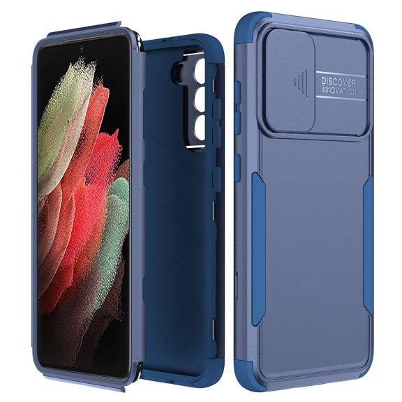 SaniMore for Samsung Galaxy S21 FE (6.4" 2021) Case, [Sliding Camera Window] Wireless Charging Shockproof Drop Resistant Hybird PC TPU Anti-slip Heavy Duty Protective Shell, Navy Blue