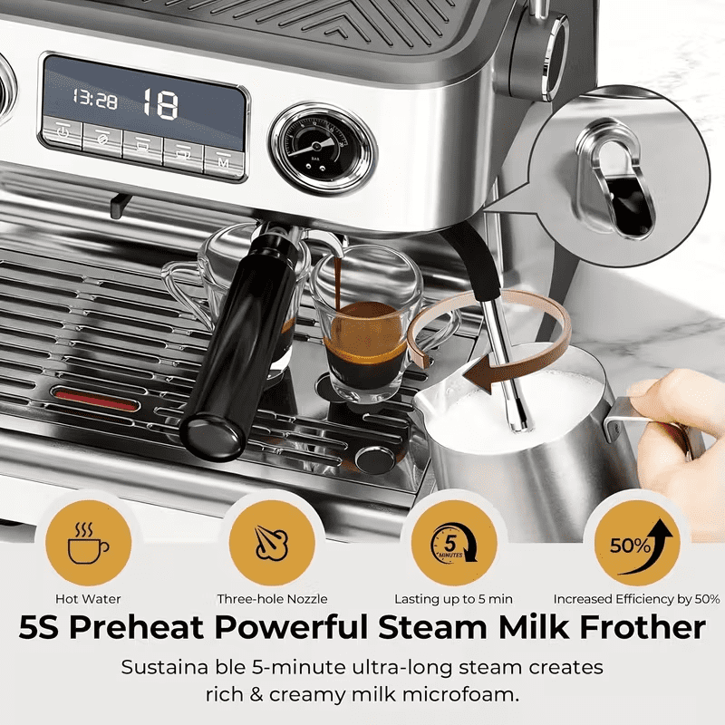 Auseo Espresso Machine with Grinder, Dual Boiler 20 Bar Espresso Machines with Milk Frother Steam Wand, Espresso/Cappuccino/Latte/Mocha, Commercial Espresso Coffee Machines, Stainless Steel