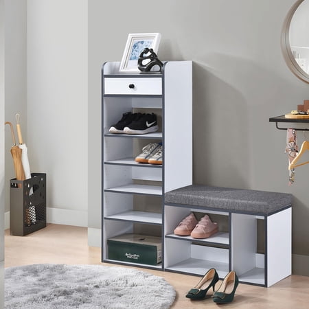 Kings Brand Furniture Julian Bench & Shoe Rack – 7-Shelf Storage & Drawer, White Finish with Grey Edge