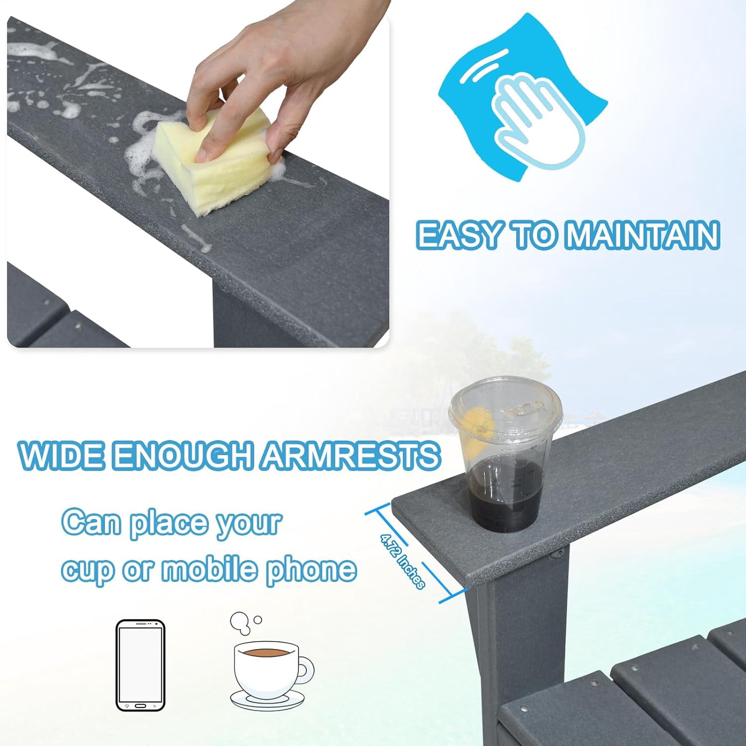 ATR ART TO REAL HDPE Plastic Resin Patio Adirondack Chair Set with Side Table, Dark Grey - 3 Pieces
