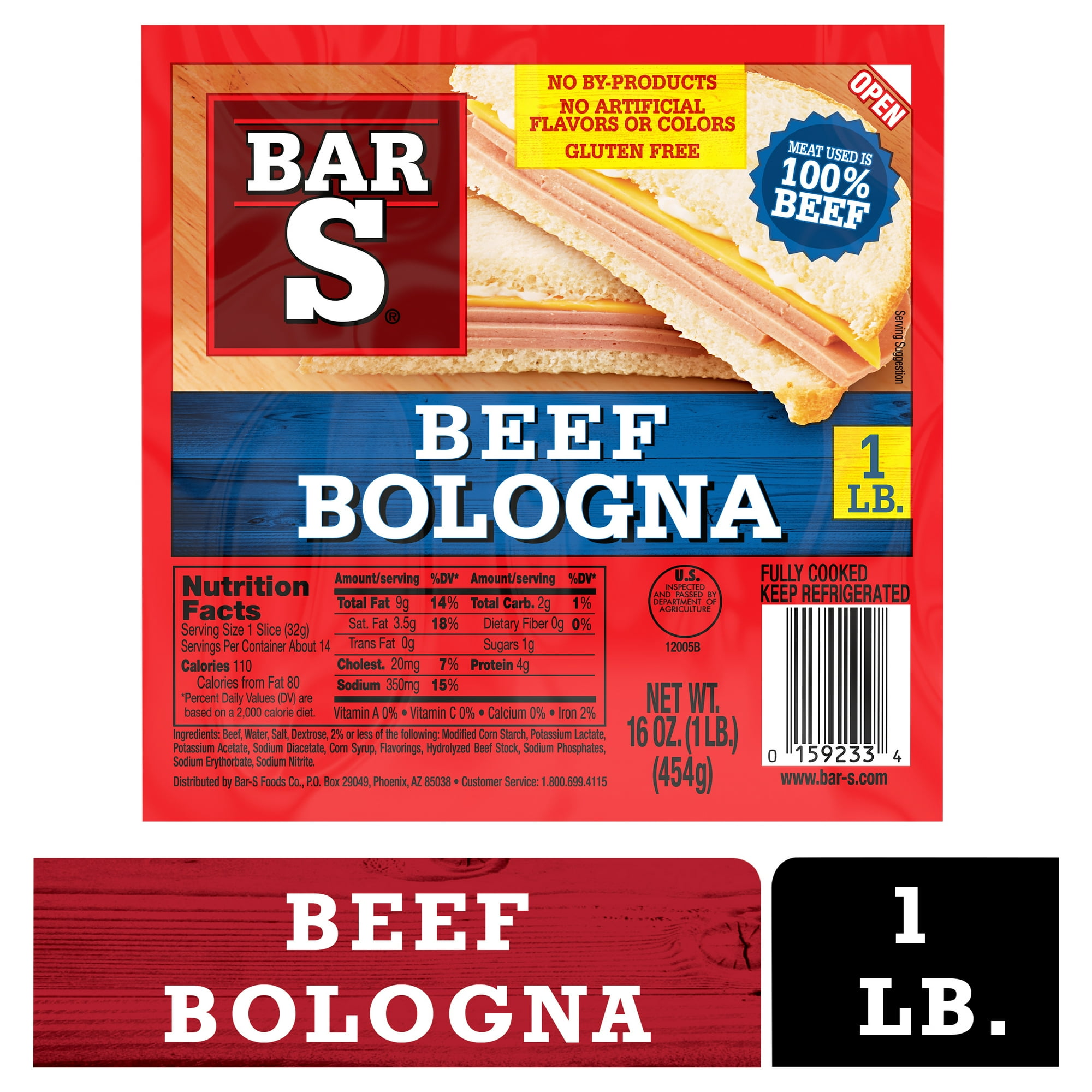 Bar-S Beef Bologna, 100% Beef, Sliced Deli Lunch Meat, 1 lb