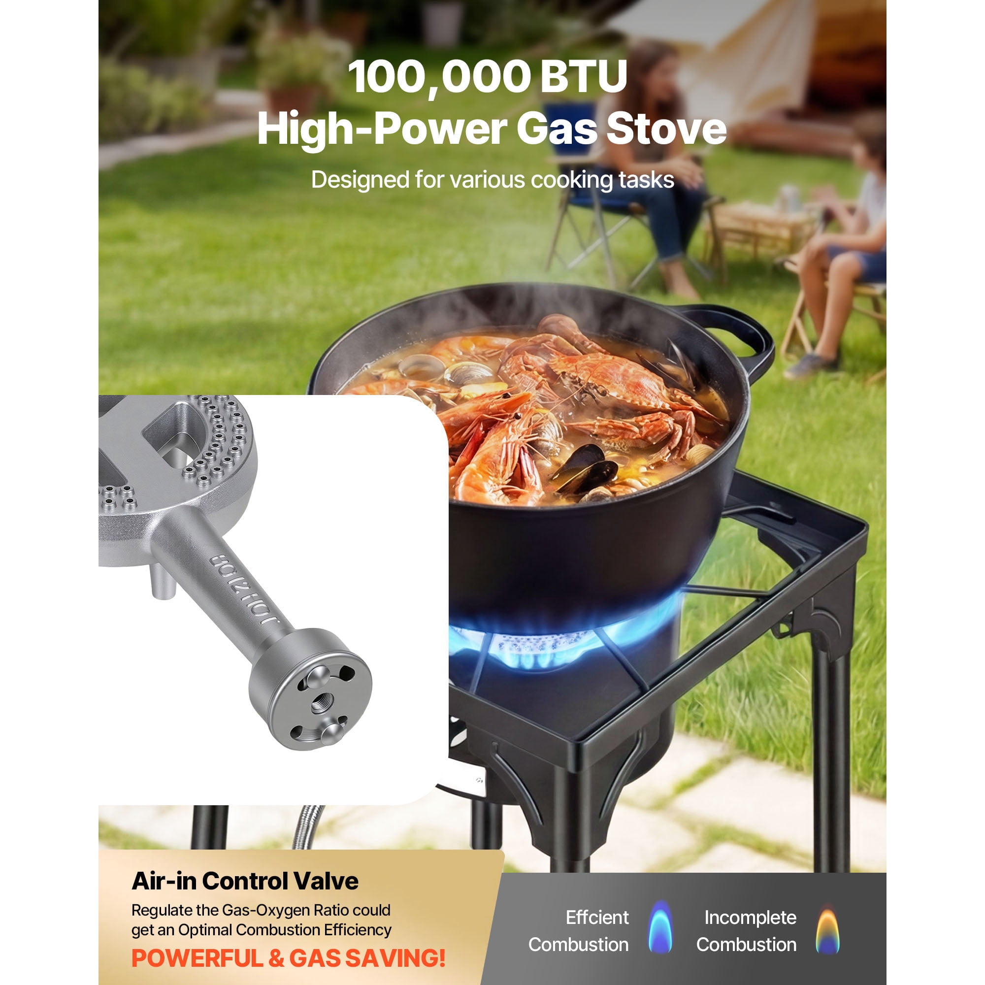 KFFKFF Single Burner Outdoor Propane Gas Stove, 100,000 BTU LPG Camping Cooker, Durable Carbon Steel Design with Stand & Regulator, Ideal for BBQs, Camping, Patio, RV, and Home Cooking