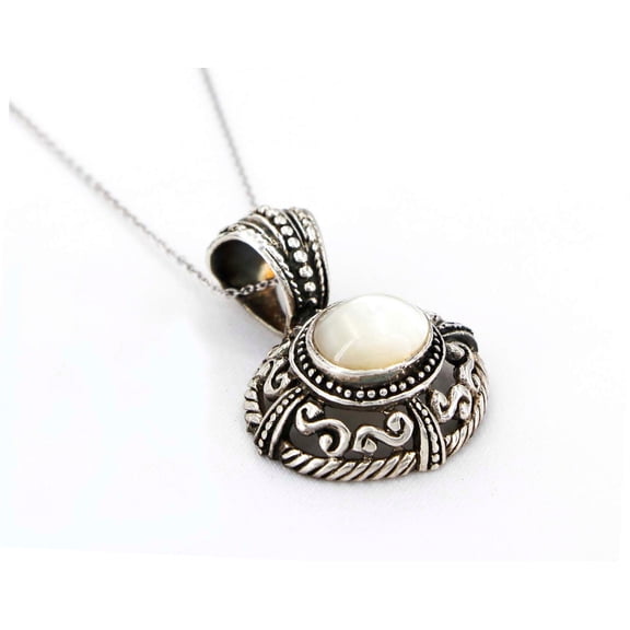 Casting Silver Filigree Necklace w/ Oval White Jade Pendant - NE-P4308