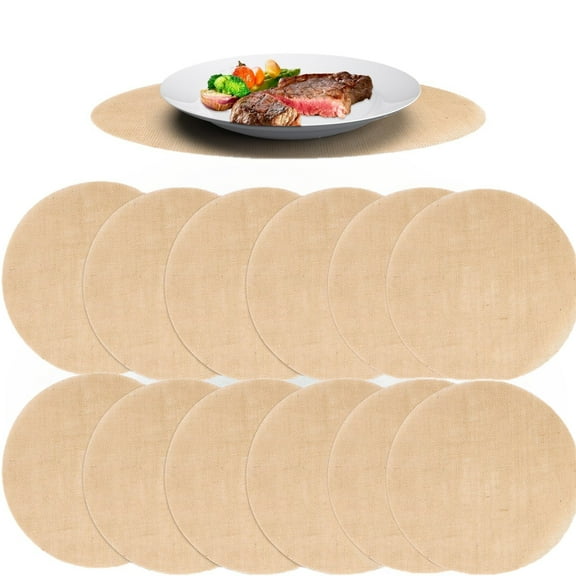 12Pcs 11.8" Round Burlap Placemats Reusable Brown Table Mats Heat Resistant Natural Jute Fibers Placemats Burlap Circle Rustic Table Decorations for Wedding Dinner Thanksgiving Day Parties