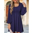 thumbnail image 5 of Women'S Casual Dresses Smocked Crewneck Button Up Long Sleeve Waist A-Line Mini Dress Navy Blue XXL, 5 of 8