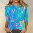 thumbnail image 4 of Blue T Shirts for Women, 3/4 Sleeve Trendy Tops for Women 2024, Work Polyester Fashion Womens Clothing 2024, Women's Fashion Button Up Three Quarter Sleeve T Shirt Printed Top, 4 of 5
