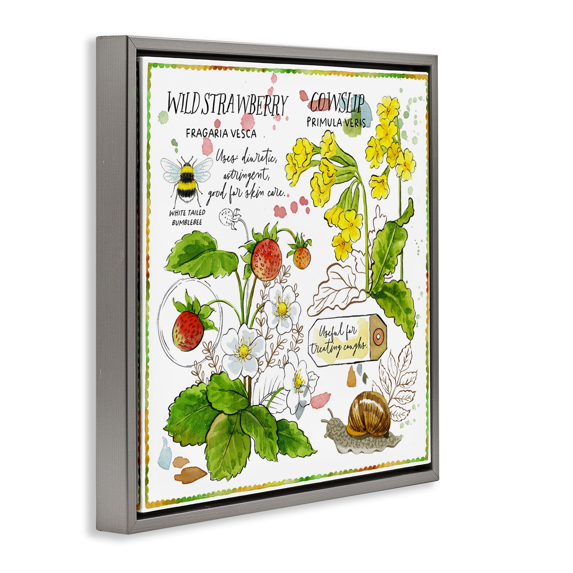 Stupell Industries Strawberry & Florals Uses Plants & Flowers Painting Gray Floater Framed Canvas Art Print Wall Art, 18 x 18