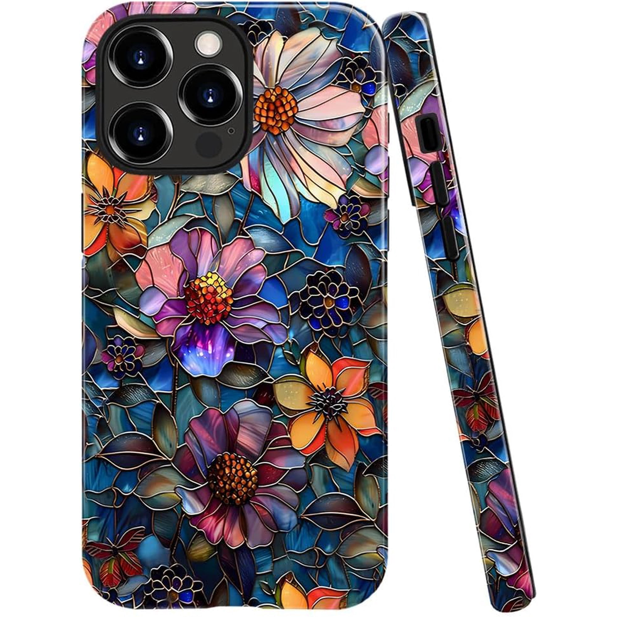 Case Compatible with iPhone 14 Pro Fall Prevention Bright Hybrid 2-Layer Hard Shell Phone Case for Girls Boys Colorful Floral Flower Art