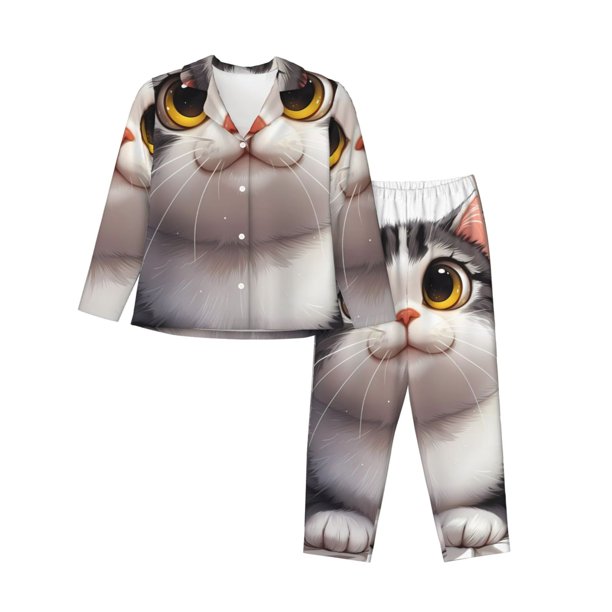 Balery Cute Cartoon Kitten Conjunto de Pijama con Estampado para Mujer, Conjunto de Dos Piezas con Manga Larga, Ropa de Dormir Suave con Bolsillos, Pijamas Cómodos-XX-Large