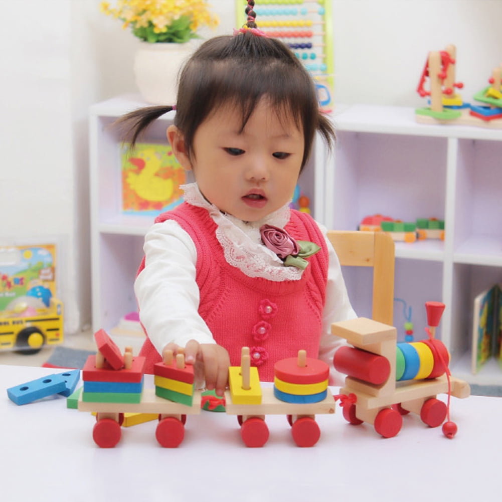 Educational Kid Baby Wooden Solid Wood Stacking Train Toddler Block Toy 