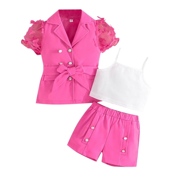 Zshosam Summer Outfits for Girls Girl's 2-Piece Matching Set - Short Sleeve Button-Down Floral Print Shirt & Shorts - Summer Outfit for Kids Size 6T 7T,(Hot Pink 6-7 Years)