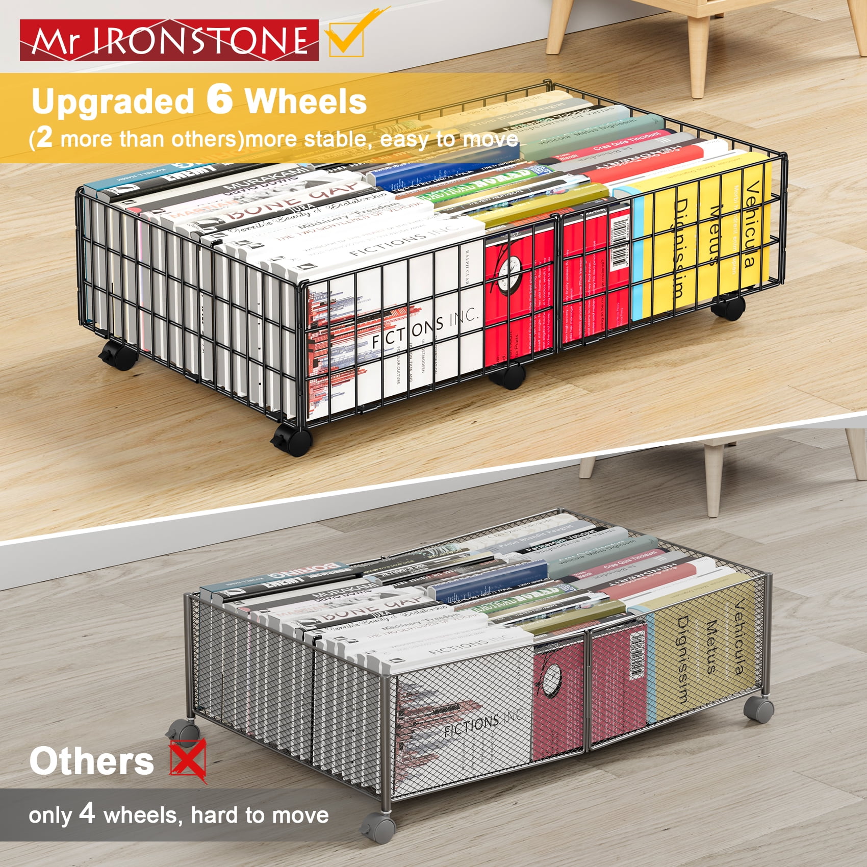 Mr IRONSTONE Under Bed Storage with Wheels, 2 Pack Living Room Bedroom Storage Organizers, Large Metal Under Bed Drawer Containers, Black