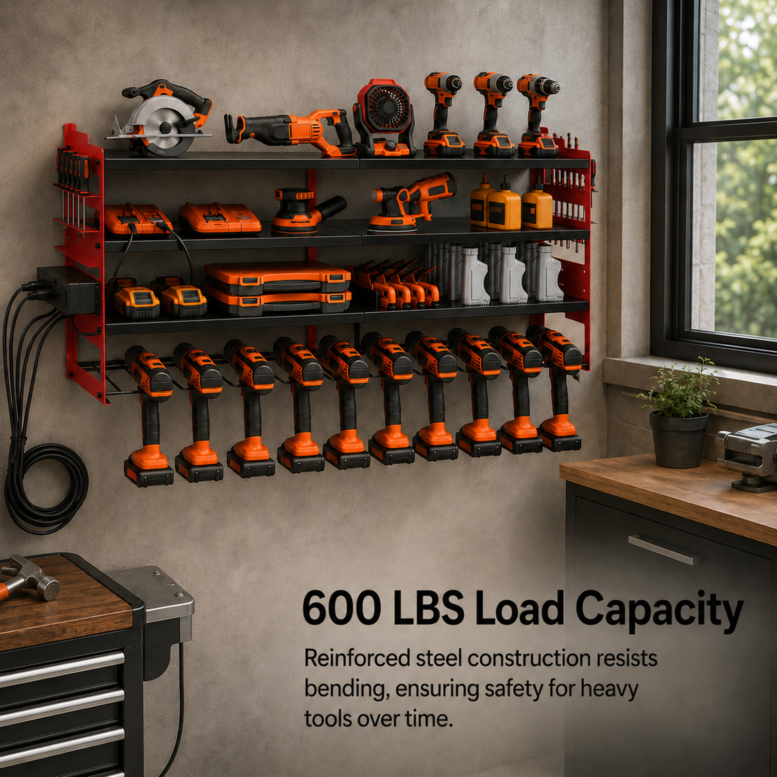 Alvantor 4-Tier Electric Tool Storage Rack with Charging Station, Power Tool Organizer with Screwdriver/Hammer/Air Tool Rack