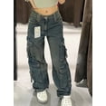 thumbnail image 4 of Pantalones Cargo de pierna ancha para mujer, múltiples bolsillos con diseño de ropa de calle, Jeans de gran tamaño lavables de nicho de moda, Y2k, Otoño e Invierno, 4 of 5