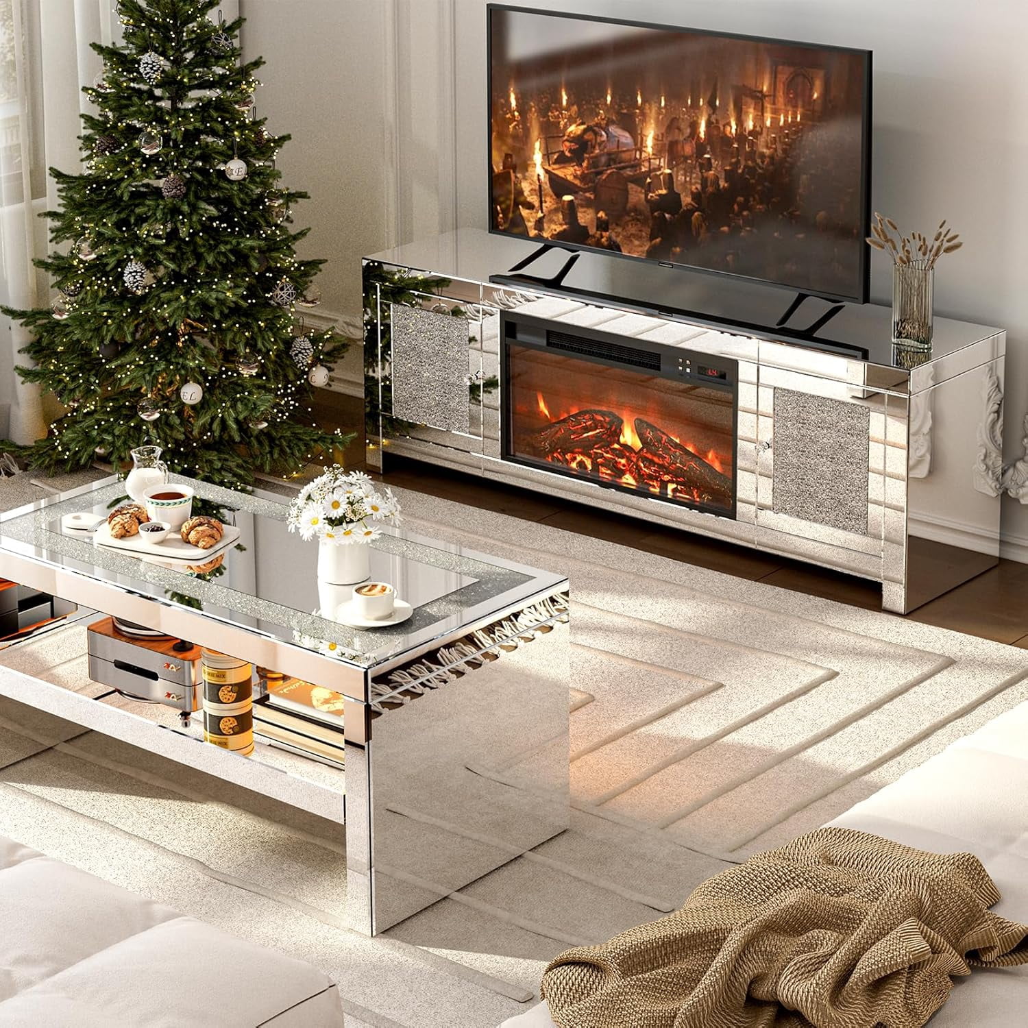 ARICOEASY Mirrored Fireplace TV Stand for TVs up to 55" with LED lights, Modern Entertainment Center for Living Room, Bedroom