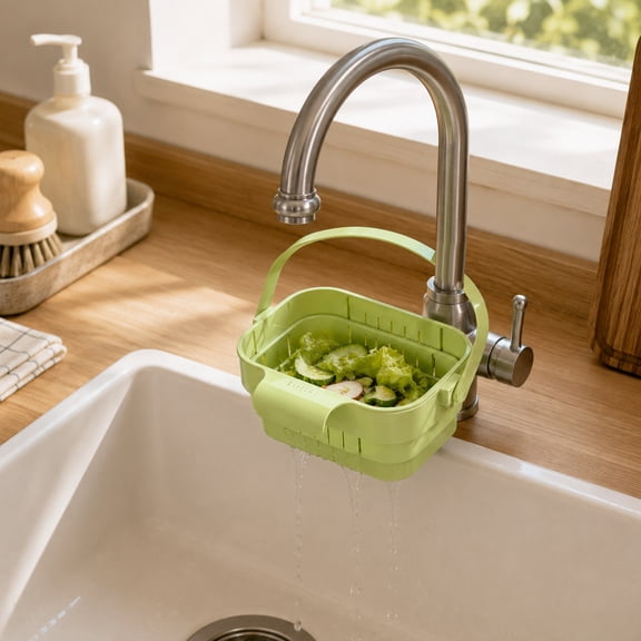 Sink Strainer Basket,Multi-functional Faucet Storage Rack Draining for Fruits Vegetables Utensils,leftover draining and daily cleanup,Green