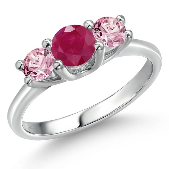 Gem Stone King 14K White Gold Red Ruby & Pink Lab Grown Diamond 3-Stone Engagement Ring | 1.05 Cttw | Round 5MM and 4MM | Three Stone Wedding Anniversary Promise Ring for Women (Size 5)