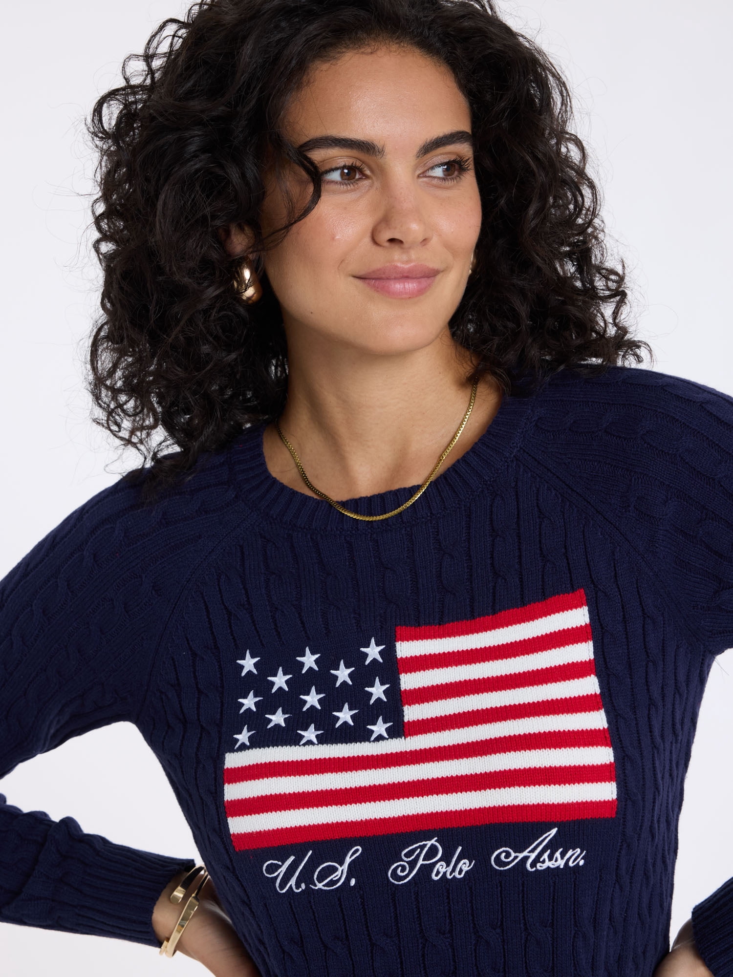 U.S. Polo Assn. Women's Cable Raglan Flag Sweater
