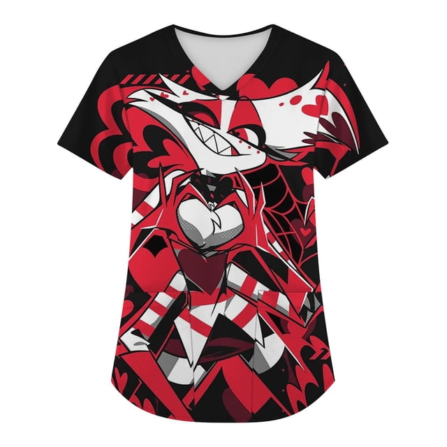 Hazbin Hotel Más Tamaño Impreso Scrub Uniforme de Trabajo Tops Para las mujeres V-cuello de Navidad Imprimir Manga Corta Diversión Camisetas Ropa de trabajo Camiseta con bolsillos Rojo/4XL