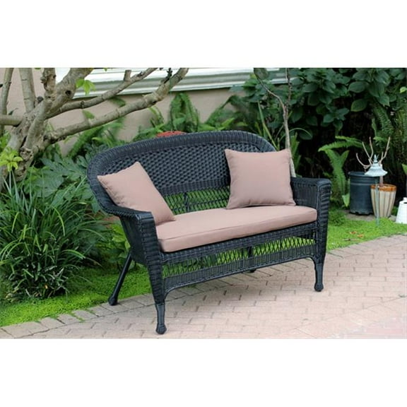 Black Wicker Patio Love Seat With Brown Cushion And Pillows