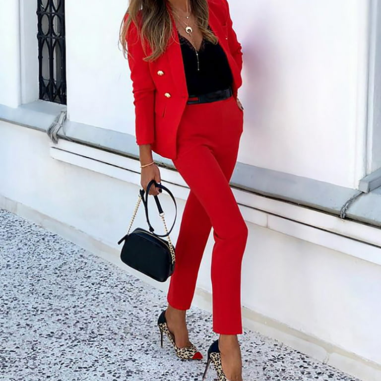 SELONE Blazer Jackets for Women Two Piece Outfits Going out Plus Size Long  Sleeve Solid Suit Pants Casual Elegant Business Suit Sets 6-Red XL
