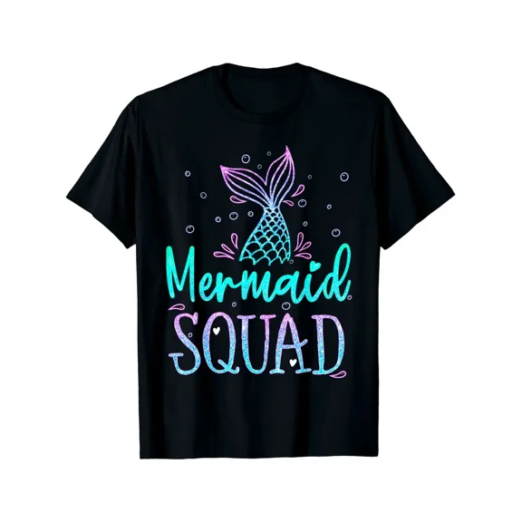 Glitter Mermaid Tail Squad Graphic Unisex Short Sleeve Casual Black Crew Neck T-Shirt