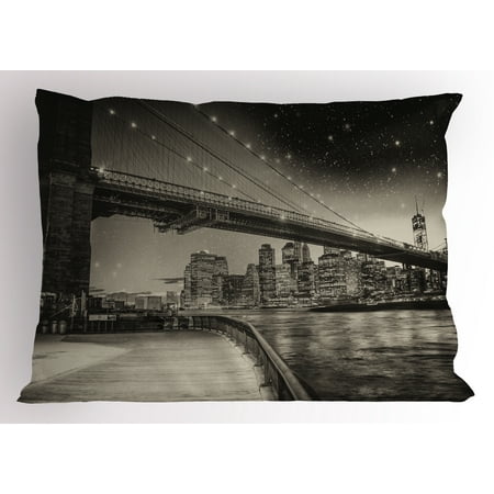 - New York Pillow Sham Summer Night in Manhattan Brooklyn Bridge Park River Waterfront Modern City, Decorative Standard Queen Size Printed Pillowcase, 30 X 20 Inches, Dark Sepia Black, by Ambesonne