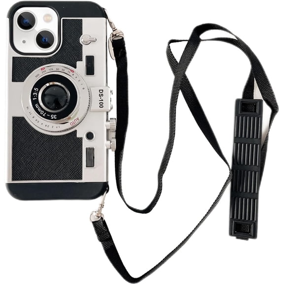 Compatible with iPhone 15 Plus Case with Strap Women Girls Girly Vintage 3D Camera Phone Case with Neck Strap Lanyard Shockproof Protective Cover for iPhone 15 Plus, Black