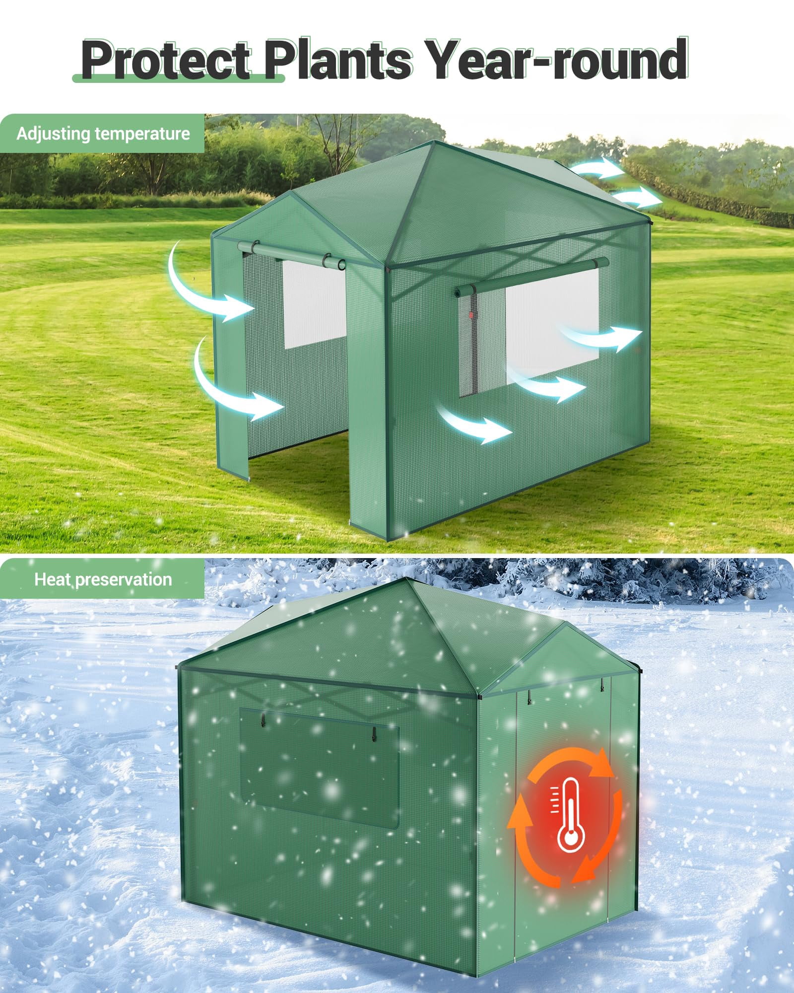 Instant Pop-up Greenhouse, Portable Indoor Outdoor Plant Gardening Green House, Roll-Up Zipper Doors and Side Windows, Walk in 8x12 ft, PE Cover, Green/Clear