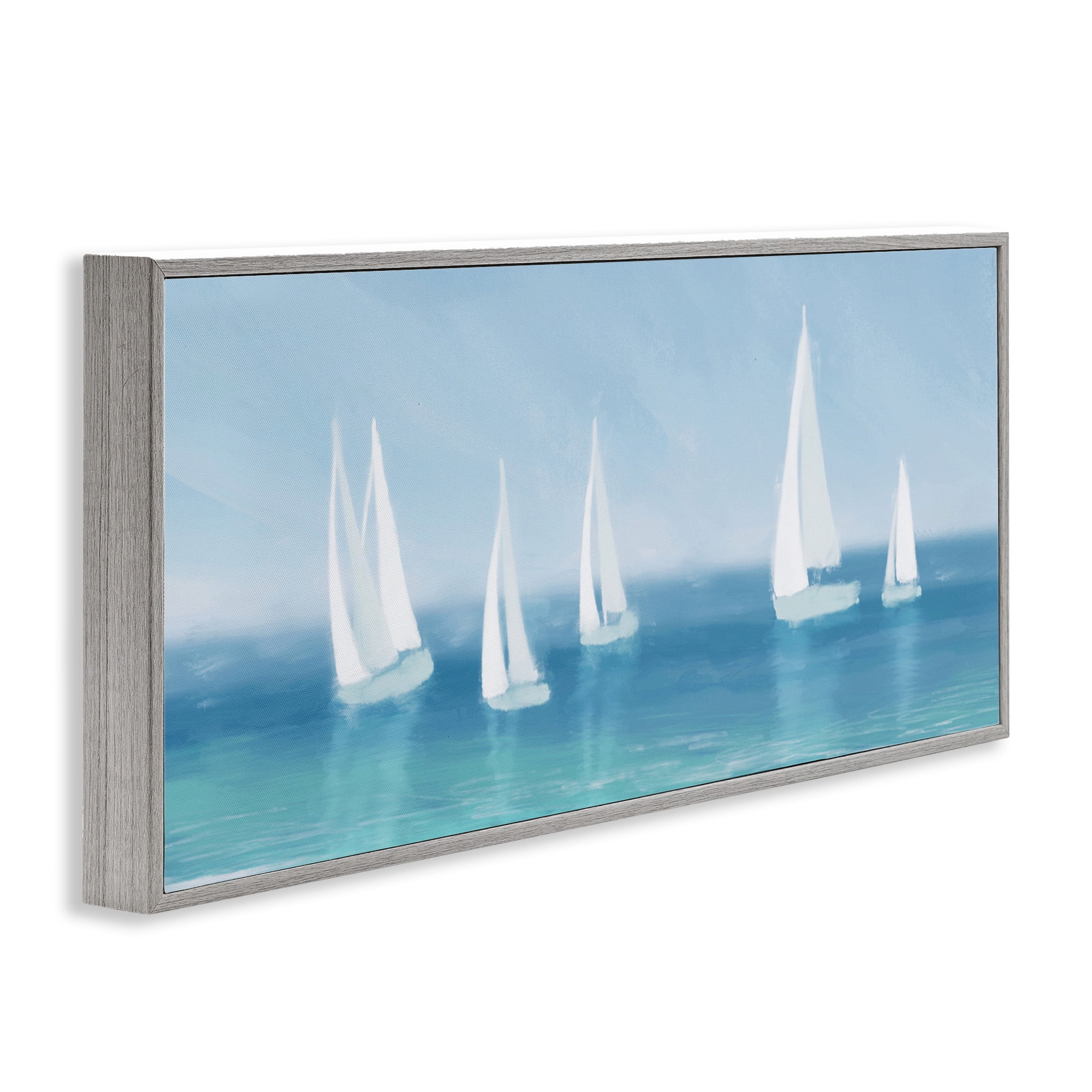 Stupell Industries White Sail Boats Across Coast Nature Painting Gray Framed Art Print Wall Art, 30 x 13