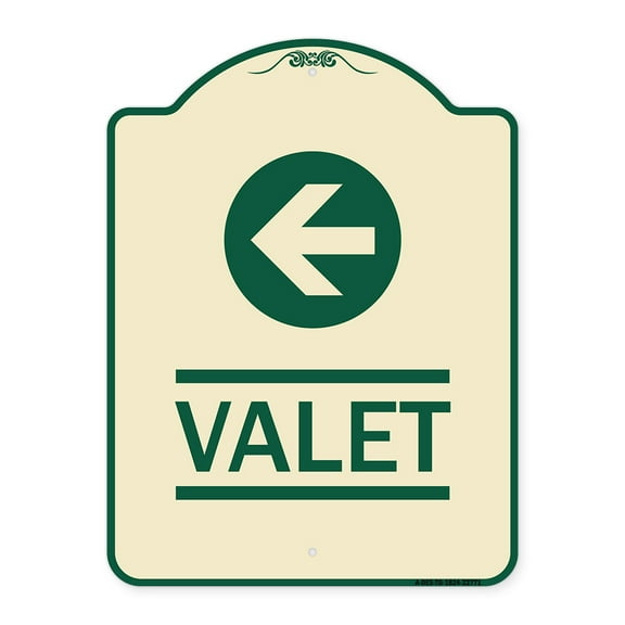 SignMission Designer Series Sign - Valet Left Arrow | Tan & Green 18" x 24" Heavy-Gauge Aluminum Architectural Sign | Protect Your Business & Municipality | Made in the USA