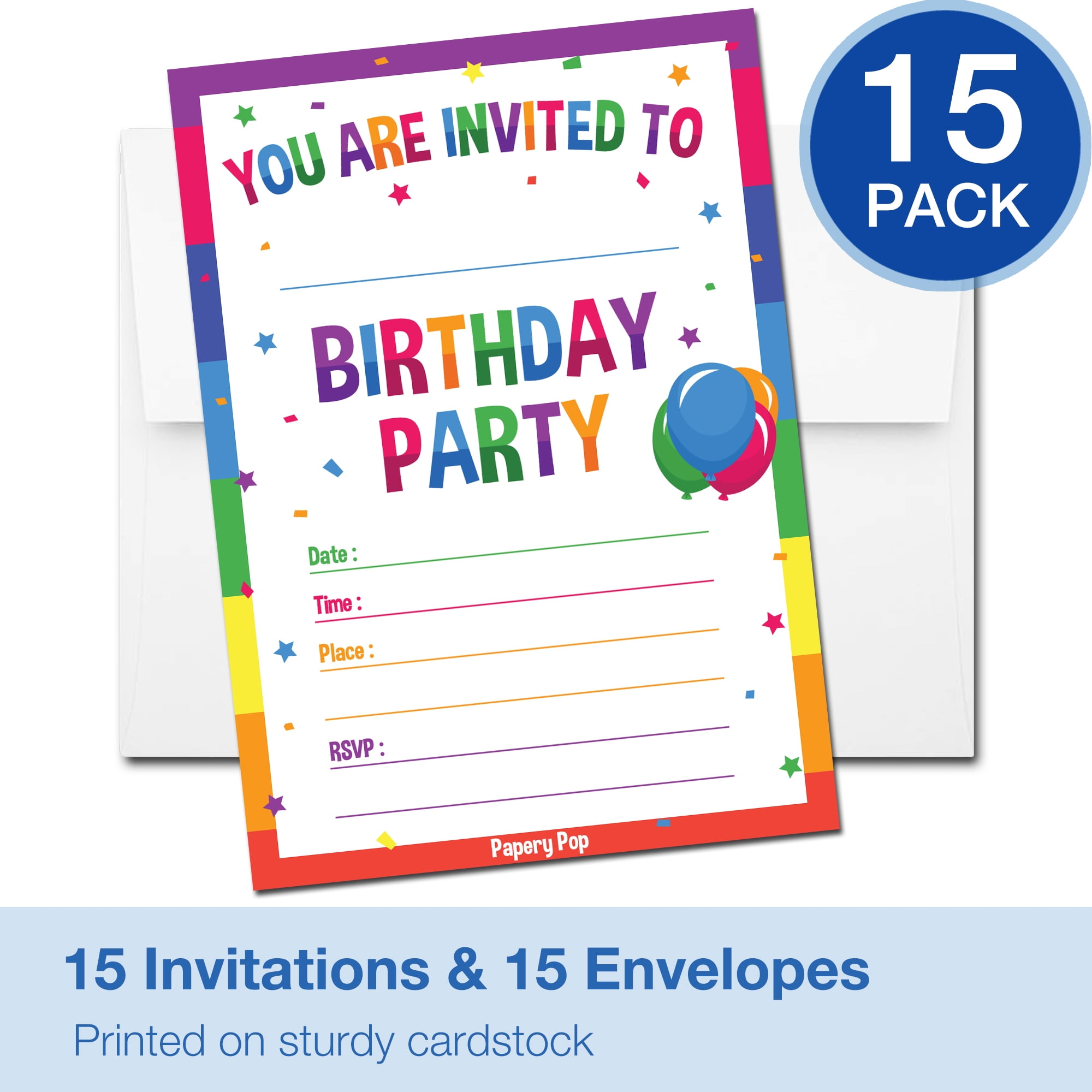 Birthday Invitations with Envelopes (15 Pack) - Rainbow