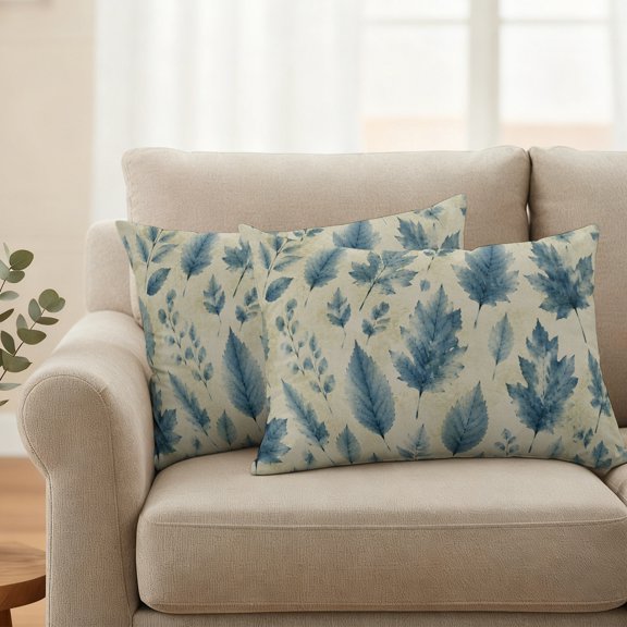 Watercolor Fall Blue Leaves on Beige Waterproof Throw Pillow Covers Set of 2 Autumn Foliage Outdoor Cushion Cover Pillow Protector Decorative Pillowcases for Bed Sofa Couch,20x12in