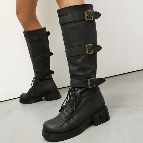 Tawop Cowboy Boots for Women Tall Chunky Low Heel Lace Up Winter Fall Black Boots Western