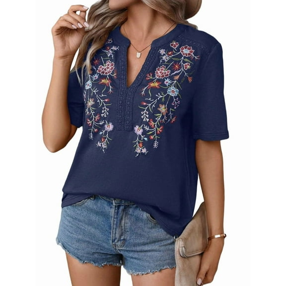 Mexican Shirts for Women Embroidered Traditional Summer Blouse Floral Tunic V Neck Short Sleeve T Shirt Navy Blue XXL