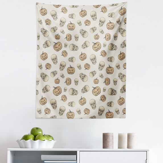 Fall Colors Tapestry, Halloween Concept Continuous Jack O Lantern Pumpkin Scary Skull Sketch, Fabric Wall Hanging Decor for Bedroom Living Room Dorm, 5 Sizes, Eggshell Ecru Grey, by Ambesonne