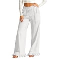 thumbnail image 4 of Cotton Linen Pants for Women High Waist Drawstring Ruffle Hem Wide Leg Pants Casual Vacation Trousers with Pockets, 4 of 7