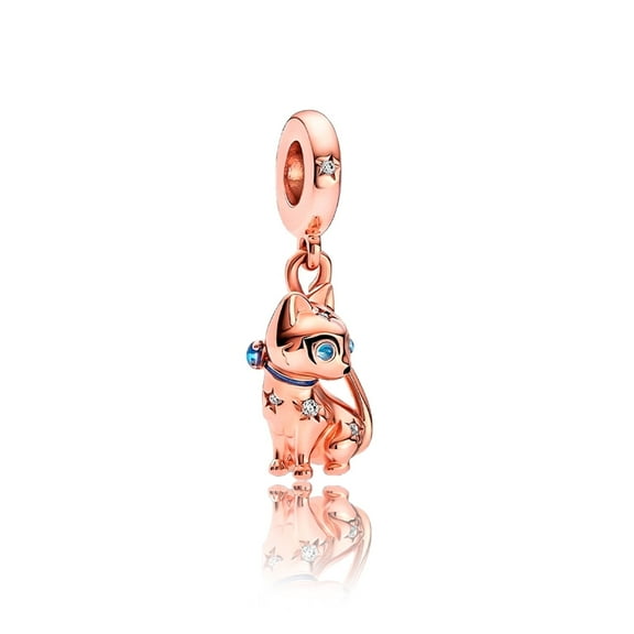 Rose Gold Sparkling Pet Cat Dangle Charm for Women Moment Bracelet Necklace Pendant
