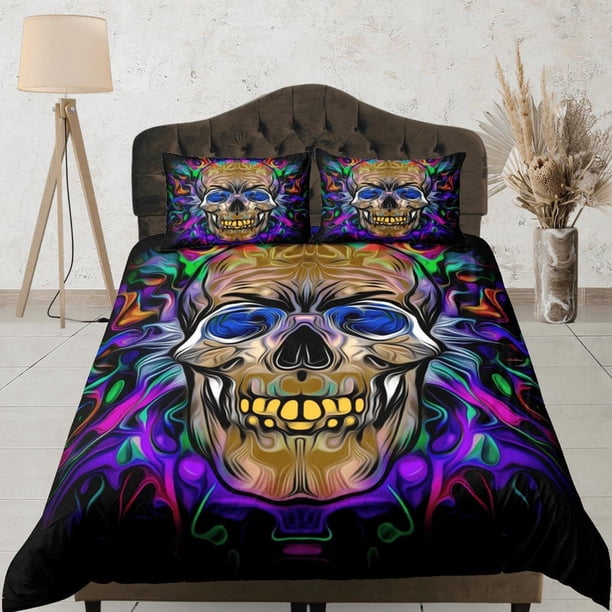 Halloween Ropa de Cama Hippie Colores Neón Calavera Juego de Funda Nórdica Colcha Colorida,