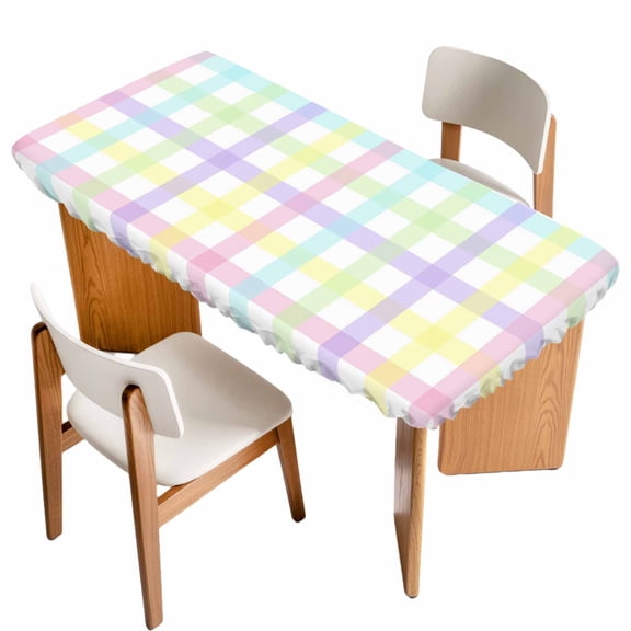 Green Beige Plaid Table Cloths for 4 Foot Rectangle Tables, Buffalo Farmhouse Art Checkered Patio Waterproof Elastic Fitted Tablecloths, Washable Rectangular Table Cover for Camping