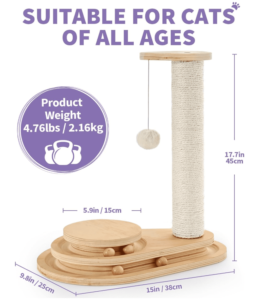Cat Scratching Post Cat Scratcher Kitten Toys for Indoor Cats Wooden Ball Track Two-Layer Modern Sisal 17.7" Tall Scratch Post Interactive Toy with Dangling Ball