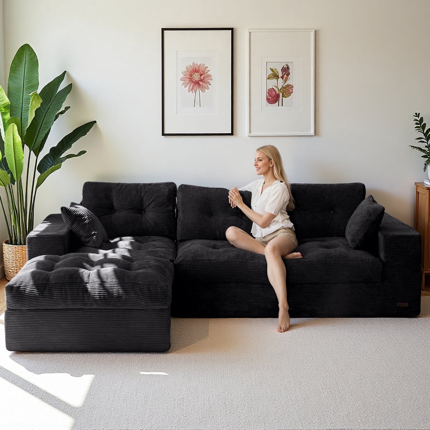 BYBYME 104"Oversized L-Shaped Sectional Sofa Cloud Boneless Modular Couch,Upholstered Sofa with Convertible Left/Right Ottoman for Living Room Bedroom,No Assembly,BLACK