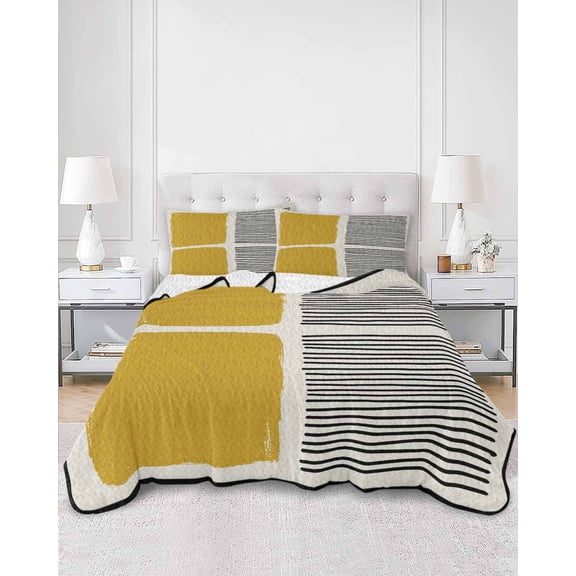 Quilts Twin XL Size, Yellow Soft Comforter Bedding Set for Bed, Modern Painting Farmhouse Striped Abstract Art Lightweight Quilted Bedspread with Pillow Cover(2 Pieces) for All Season, 68x98 Inch